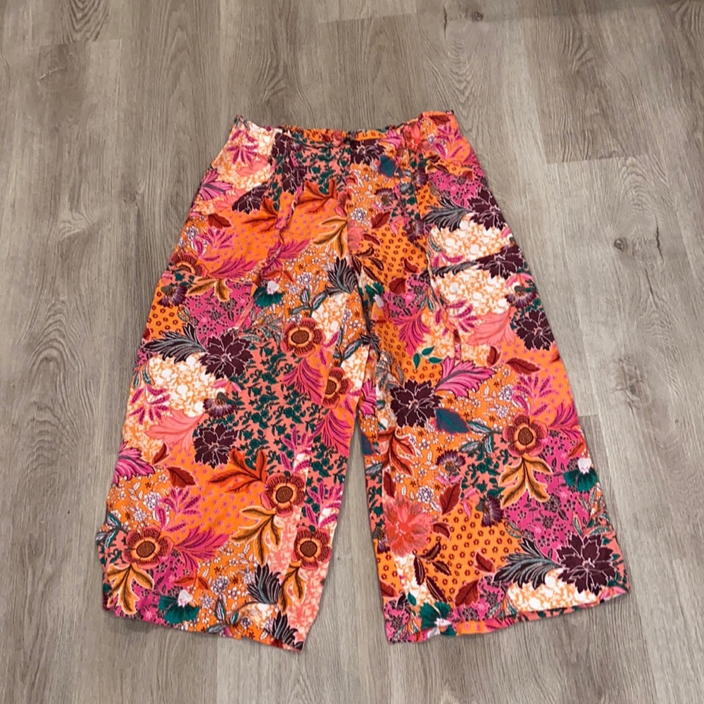 Loft Linen Blend Bright Floral Tie Waist Wide Leg Pants